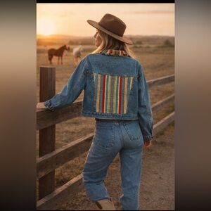 Upcycled Denim Jacket Handmade with Colorful Knit Collar And Back size M.